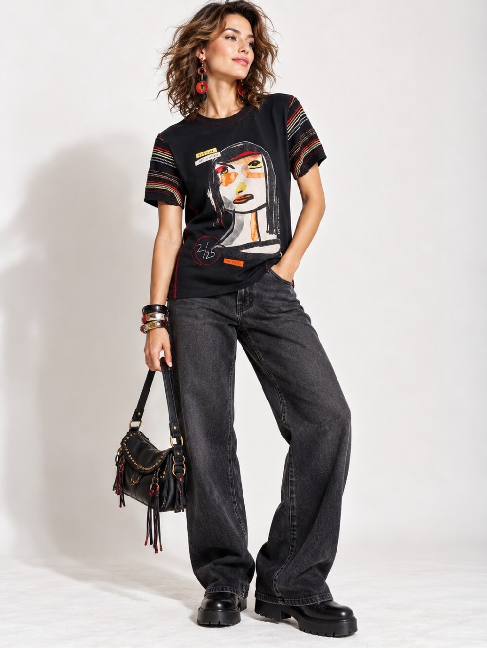 Desigual Art Collection Portrait Graphic T Shirt Mixed Knit Sleeve Black NWT L